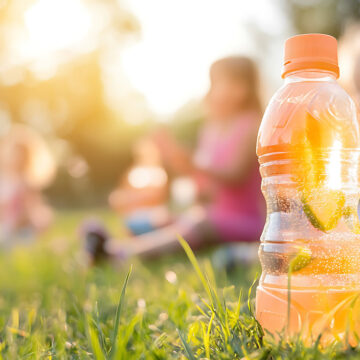 A Refreshing sports drink bottle in foreground with children enjoying outdoor activities in background