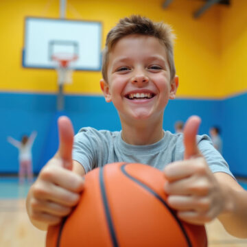 Young boy with basketball gives thumbs up in gym. Children play sport on court. Boy smiles happily, enjoys active fun shows support. Enthusiastic kid celebrates game.