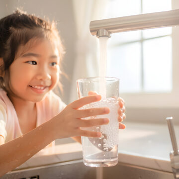 Child filling glass with water from kitchen faucet